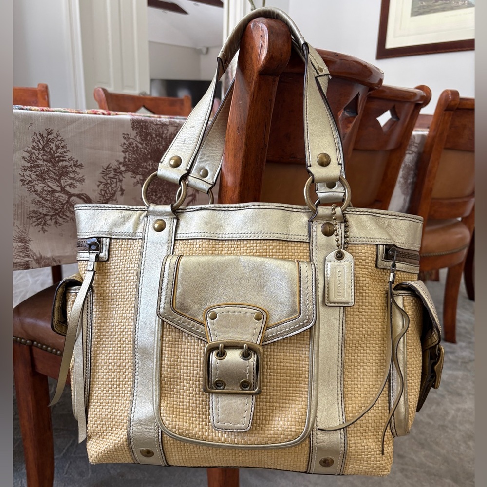 Coach Vintage Legacy Straw Tote With Gold Metallic Trim